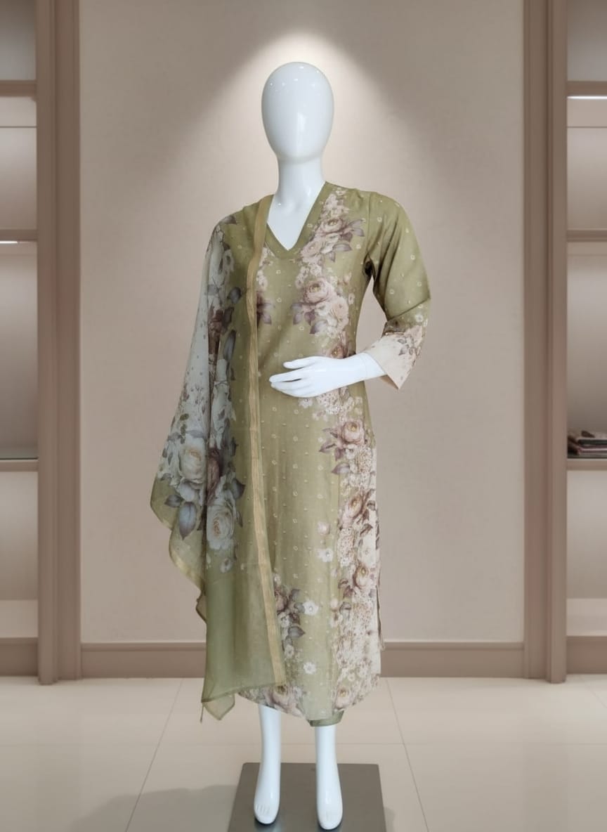 Cotton Silk Digitally Printed Suit Set With Hand Embroidery Detailing