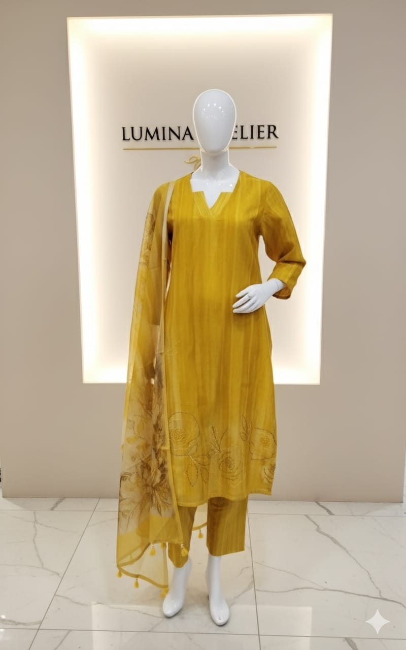 Hand-Embroidered Mull Chanderi with a Blooming Floral Dupatta