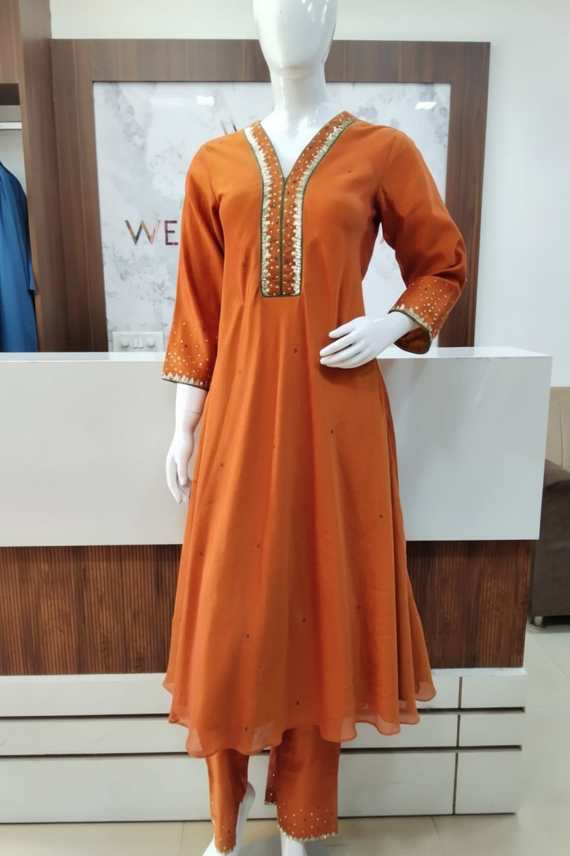 Embroidered Rust Umbrella Frock with pant