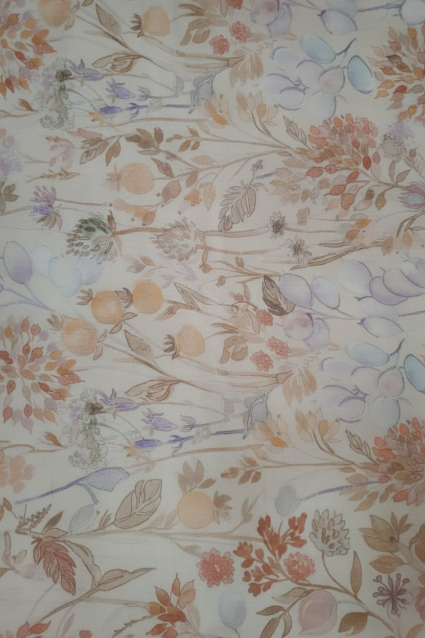 Beige Floral Print Cotton Kurta with Balloon Sleeves