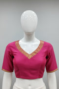 Rani Magenta V-Neck Silk Blouse with Woven Gold Jacquard Borders