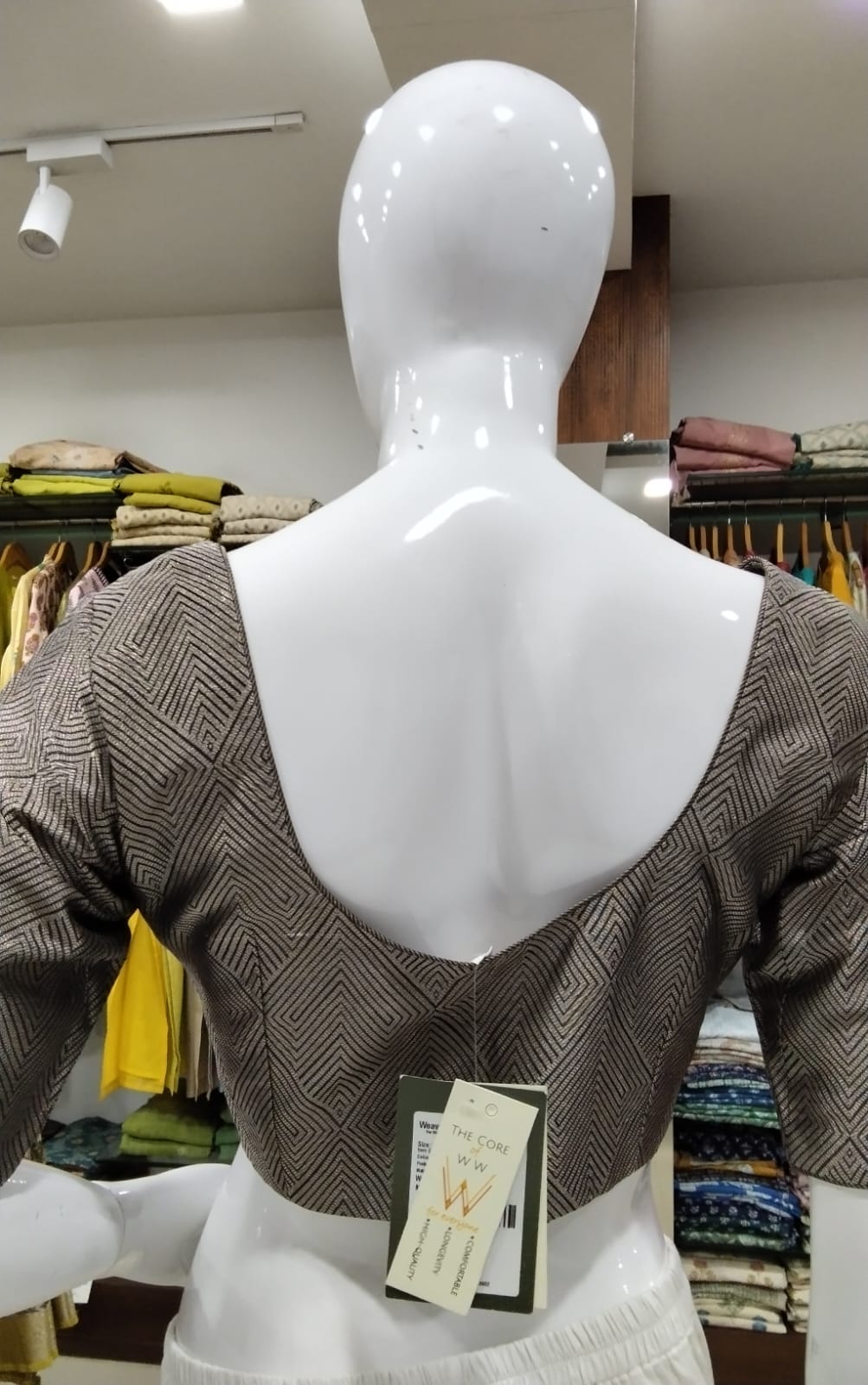 Geometric Woven Brocade Readymade Blouse with Sweetheart V-Neck (Taupe & Bronze)