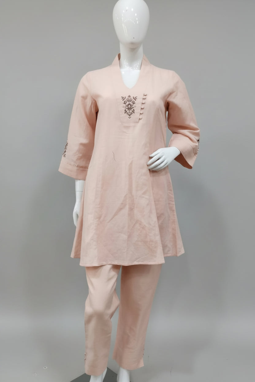 Elegant Blush Linen-Cotton Hand-Embroidered Co-Ord Set