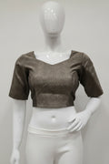 Geometric Woven Brocade Readymade Blouse with Sweetheart V-Neck (Taupe & Bronze)