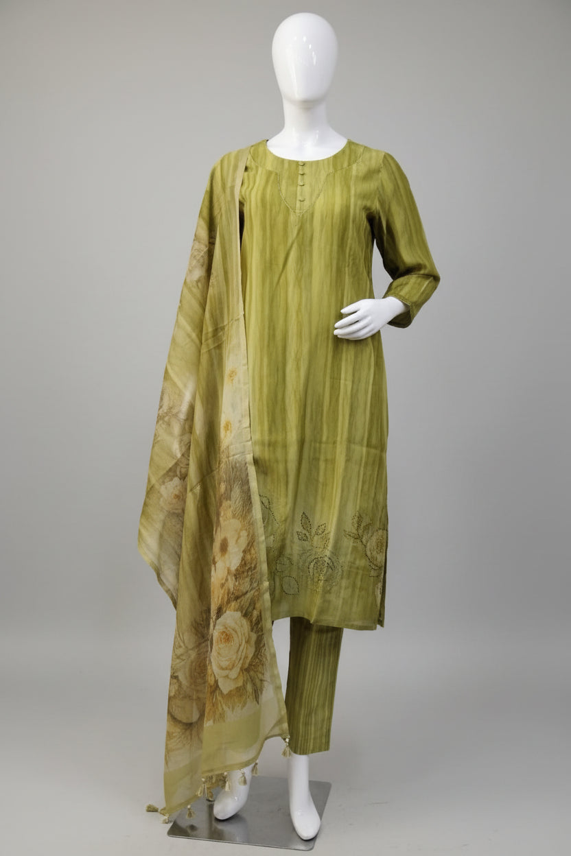 Olive Green Hand-Embroidered Kurta Set with Floral Dupatta