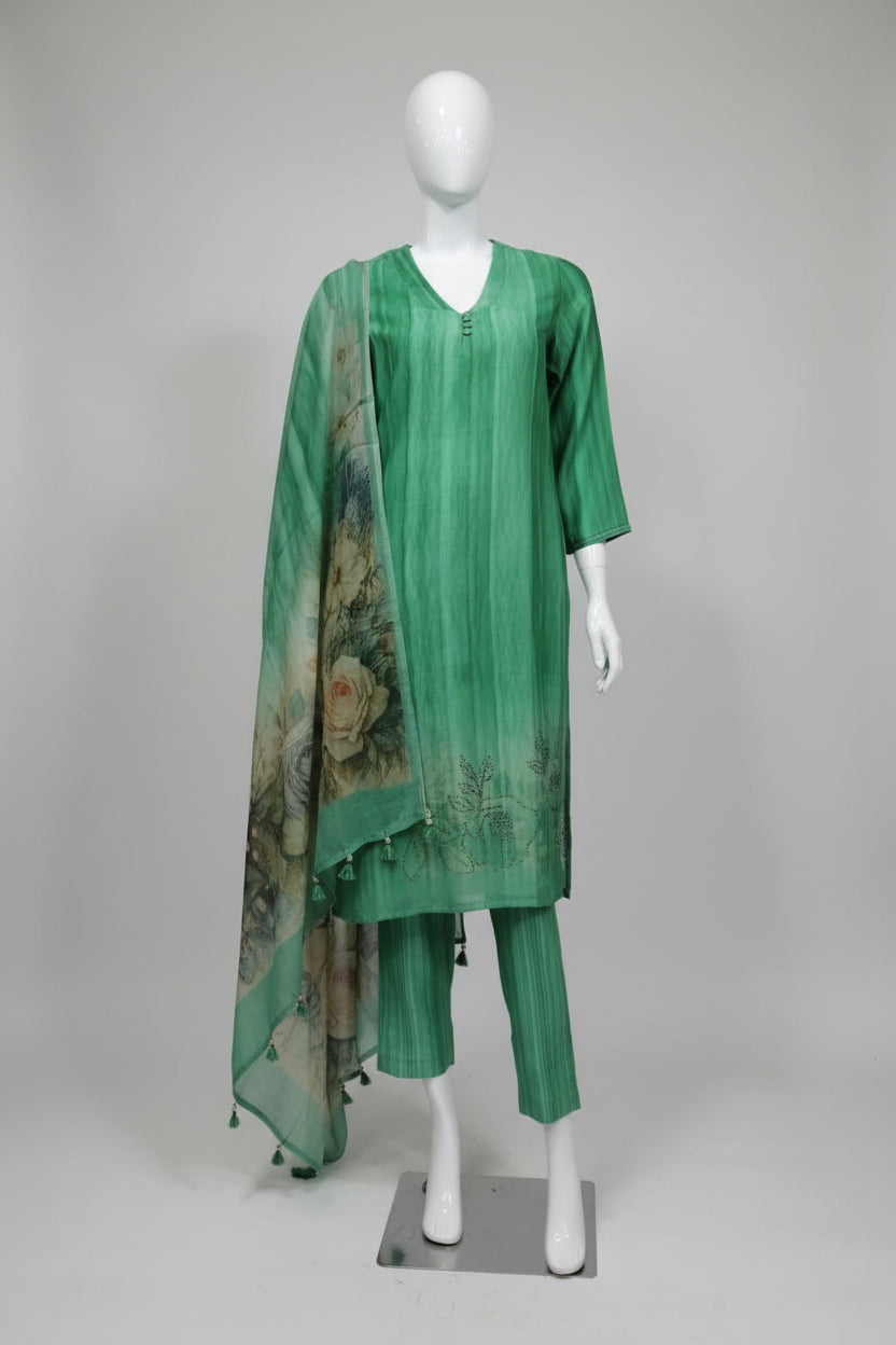 Emerald Green Embroidered Silk-Blend Kurta Set with Printed Dupatta