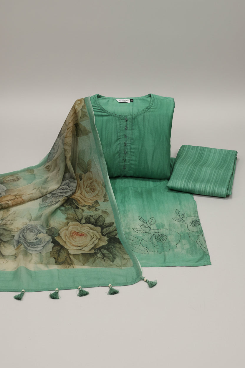 Emerald Green Embroidered Silk-Blend Kurta Set with Printed Dupatta