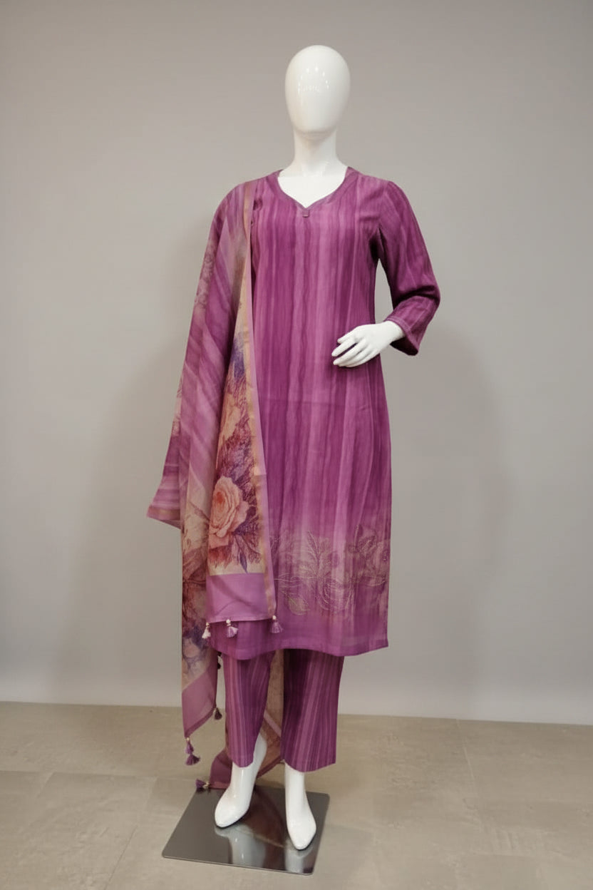 Mauve Purple Hand-Embroidered Kurta Set with Floral Dupatta