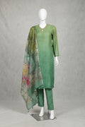 Forest Green Plain Silk-Blend Kurta Set with Floral Printed Dupatta