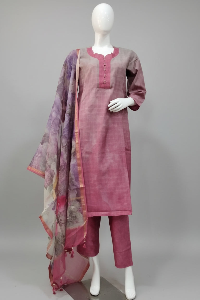 Dusty Rose & Mauve Contrast Yoke Kurta Set with Printed Organza Dupatta