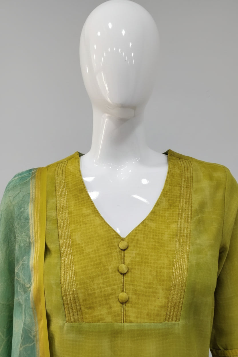 Olive & Sage Green Textured Silk-Blend Kurta Set with Floral Printed Organza Dupatta