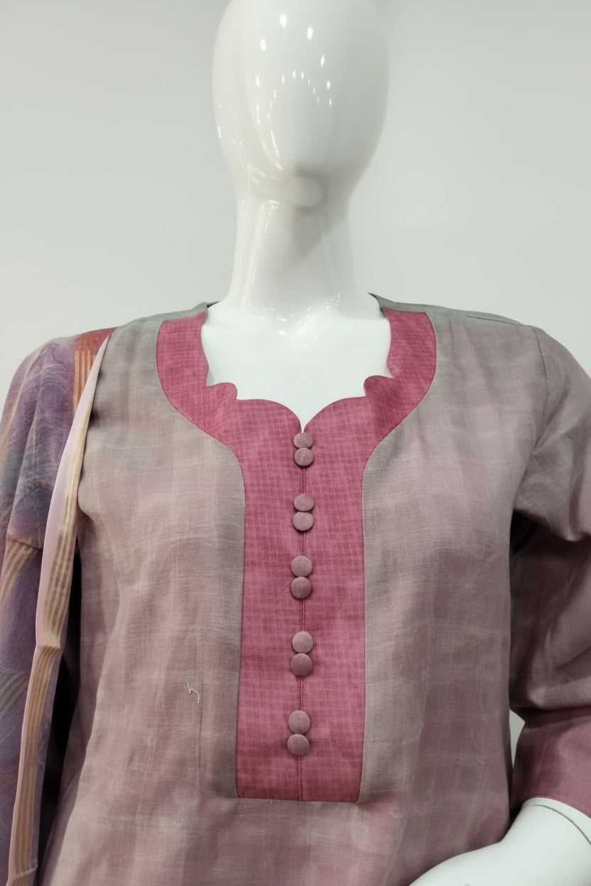 Dusty Rose & Mauve Contrast Yoke Kurta Set with Printed Organza Dupatta