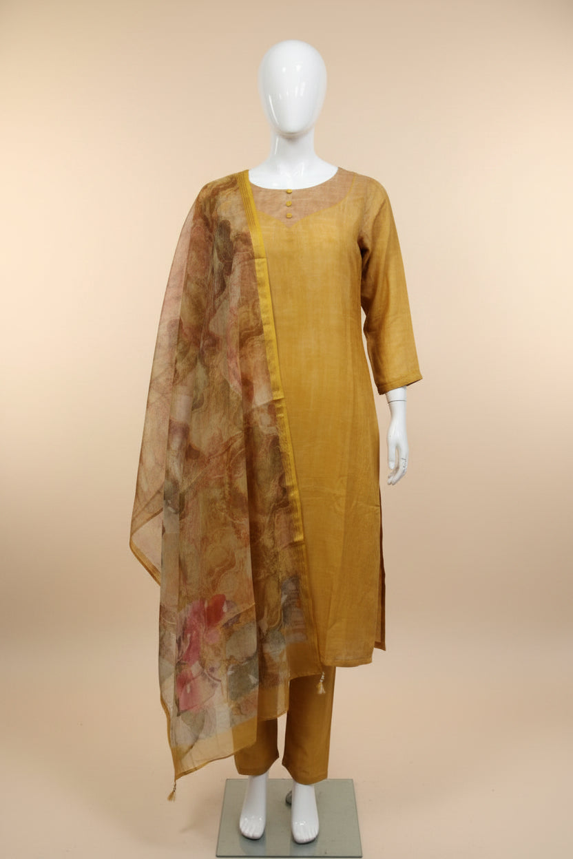 Mustard Yellow Plain Silk-Blend Kurta Set with Floral Printed Dupatta