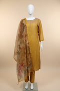 Mustard Yellow Plain Silk-Blend Kurta Set with Floral Printed Dupatta