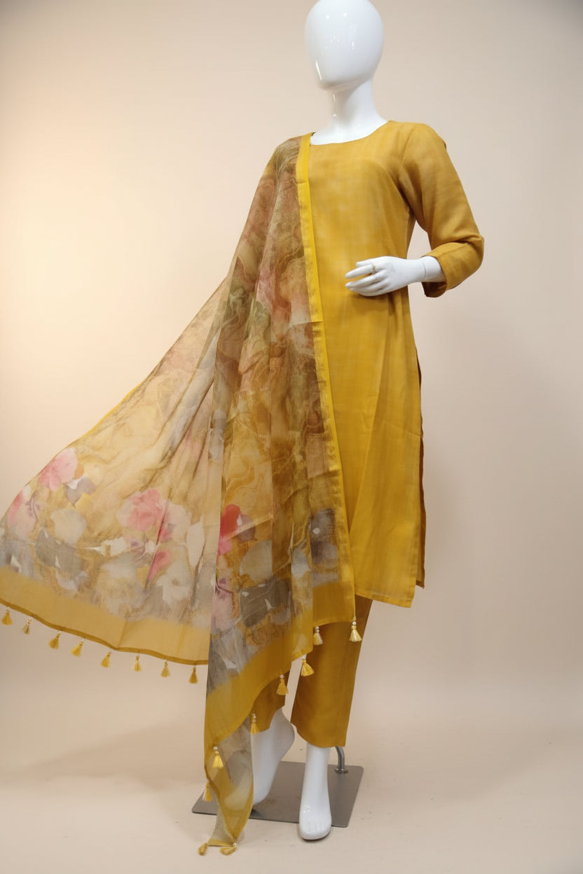 Mustard Yellow Plain Silk-Blend Kurta Set with Floral Printed Dupatta