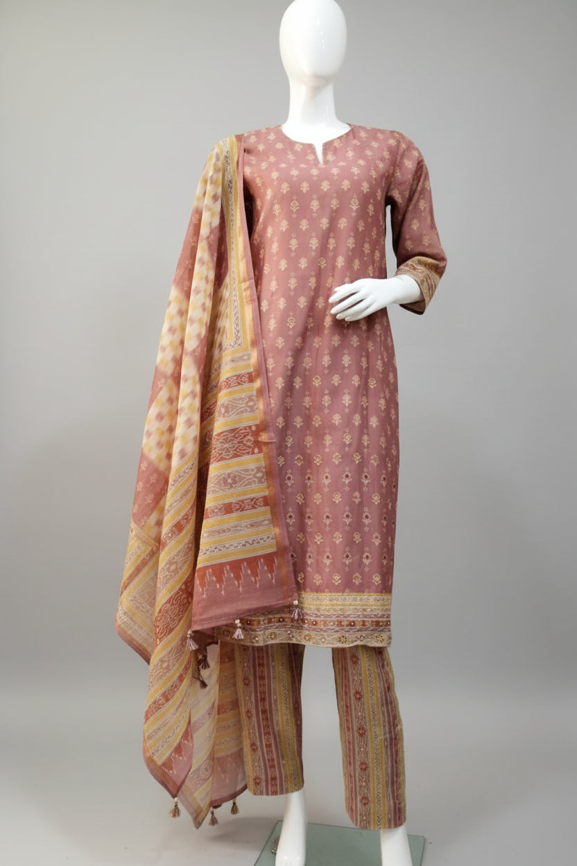 Dusty Rose Pink Ethnic Motif Printed Silk-Blend Kurta Set with Printed Organza Dupatta