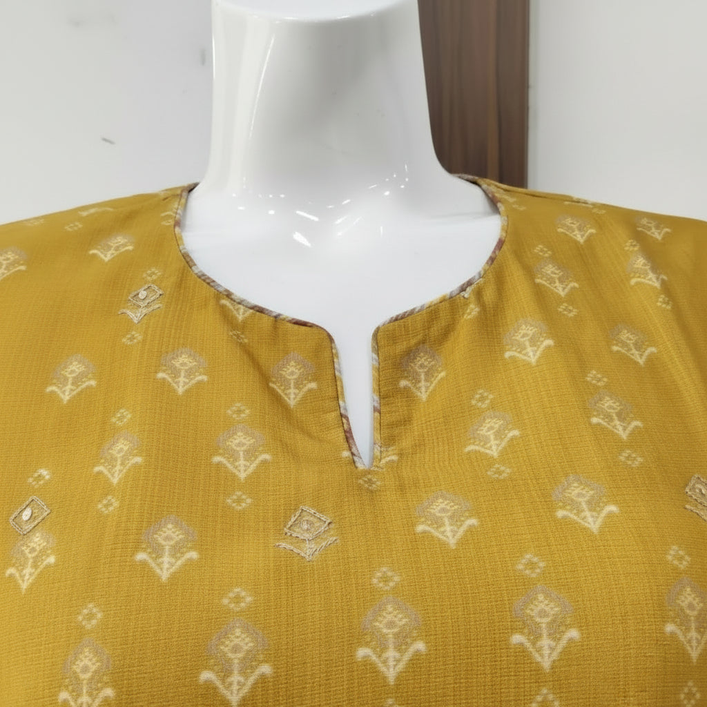 Mustard Yellow Ethnic Motif Print Silk-Blend Kurta Set with Printed Organza Dupatta