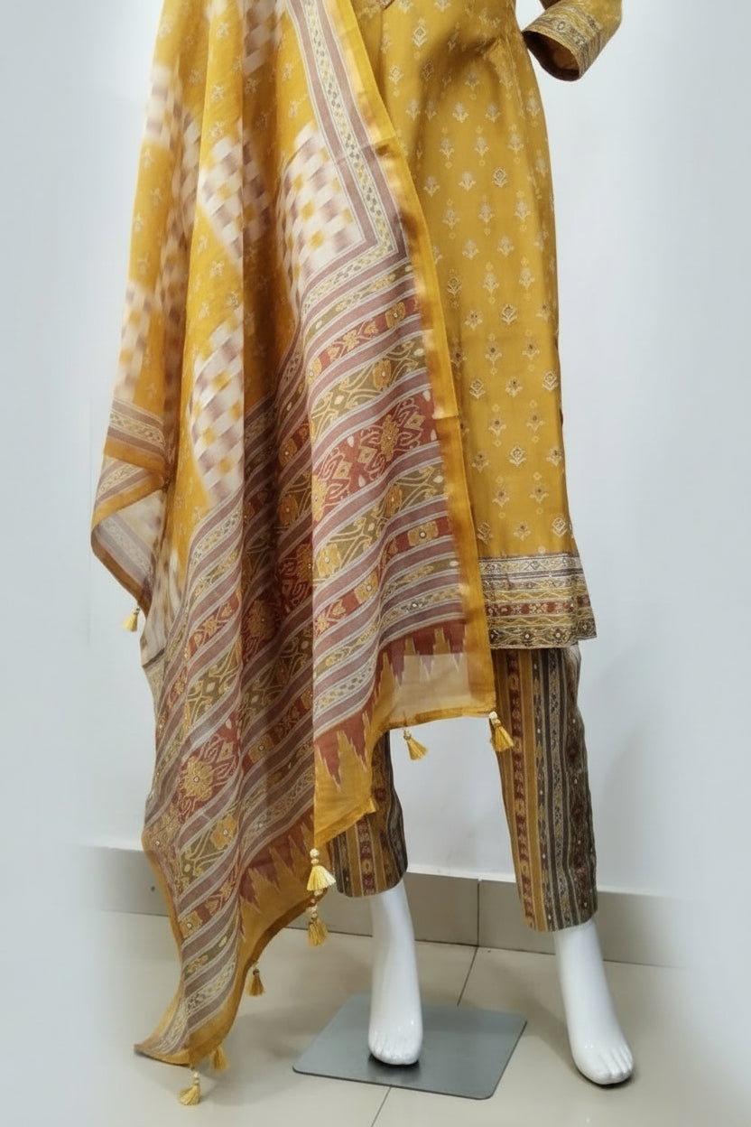 Mustard Yellow Ethnic Motif Print Silk-Blend Kurta Set with Printed Organza Dupatta