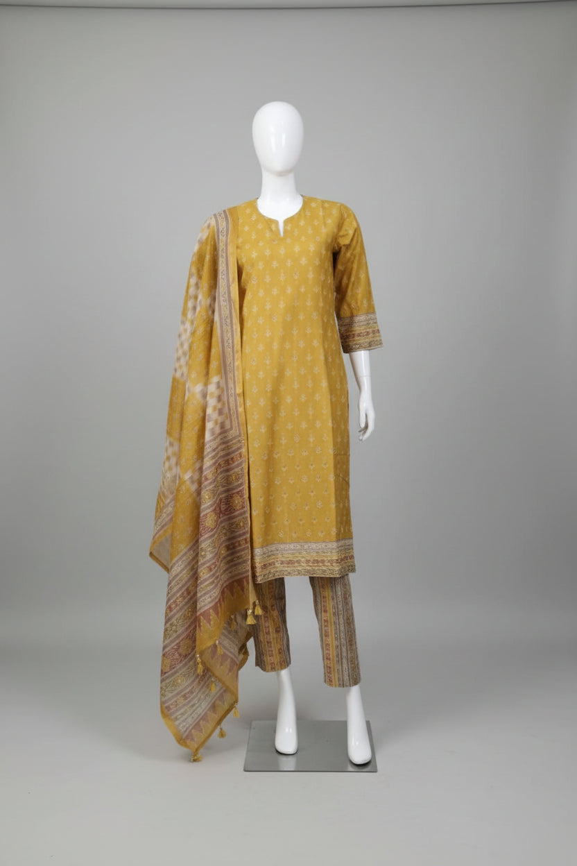 Mustard Yellow Ethnic Motif Print Silk-Blend Kurta Set with Printed Organza Dupatta