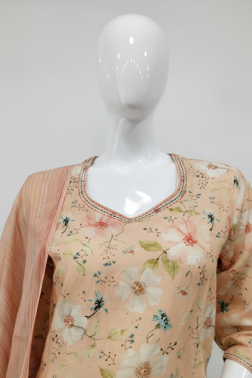 Peach Linen Cotton Digital Floral Printed Kurta Set with Chiffon Georgette Dupatta