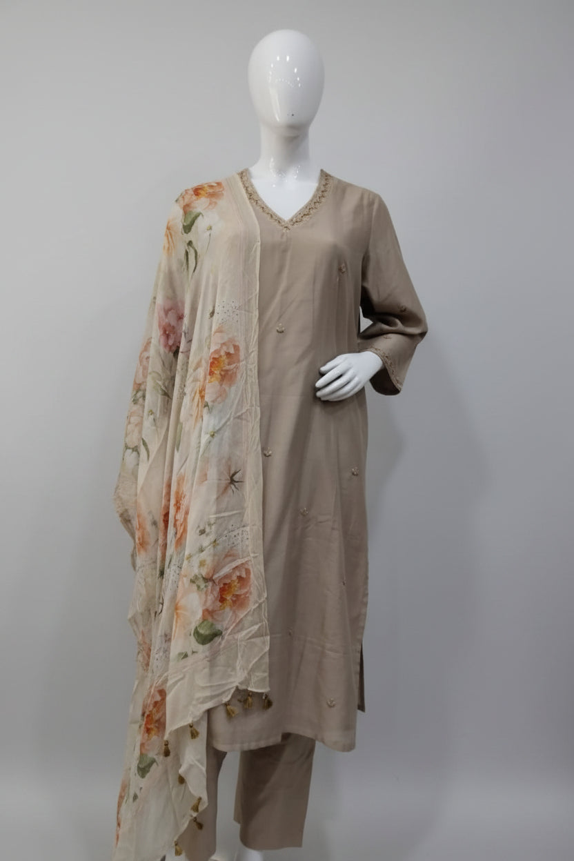Taupe Elegance Pure Cotton Silk Suit Set
