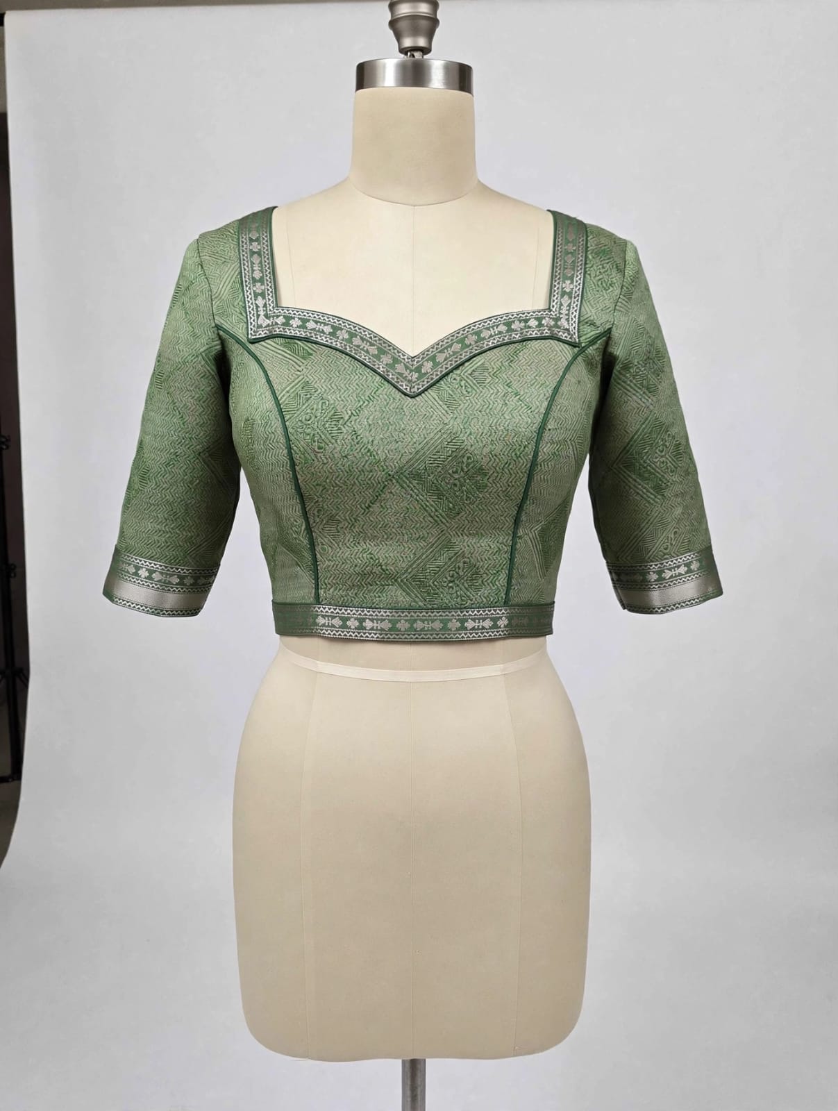 Olive Green & Sea Green Geometric Panel Block-Printed Cotton Silk Saree with Unstitched Blouse