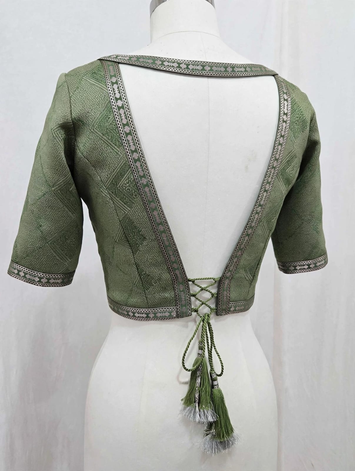 Olive Green & Sea Green Geometric Panel Block-Printed Cotton Silk Saree with Unstitched Blouse