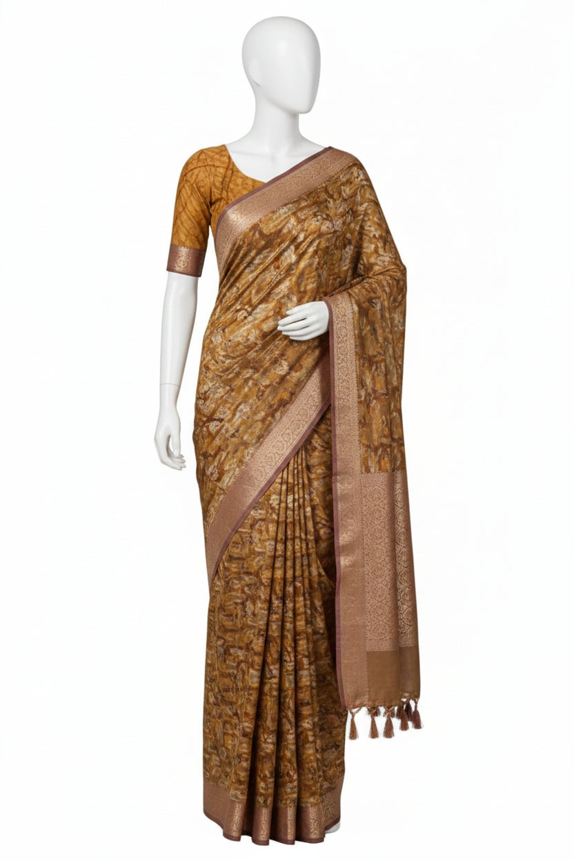 Mustard Yellow Abstract Block-Printed Cotton Silk Saree with Unstitched Blouse