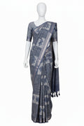 Grey & Blue Geometric Block-Printed Cotton Silk Saree with Unstitched Blouse