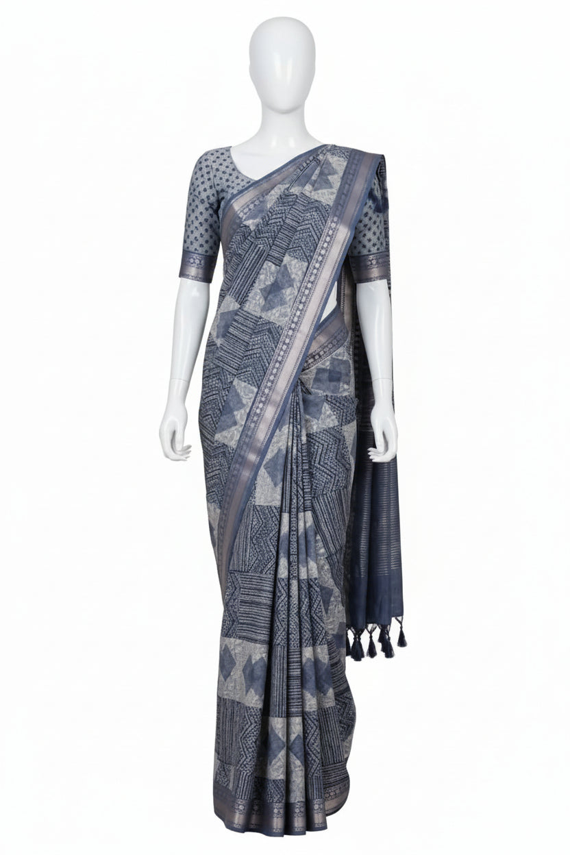 Grey & Blue Geometric Block-Printed Cotton Silk Saree with Unstitched Blouse