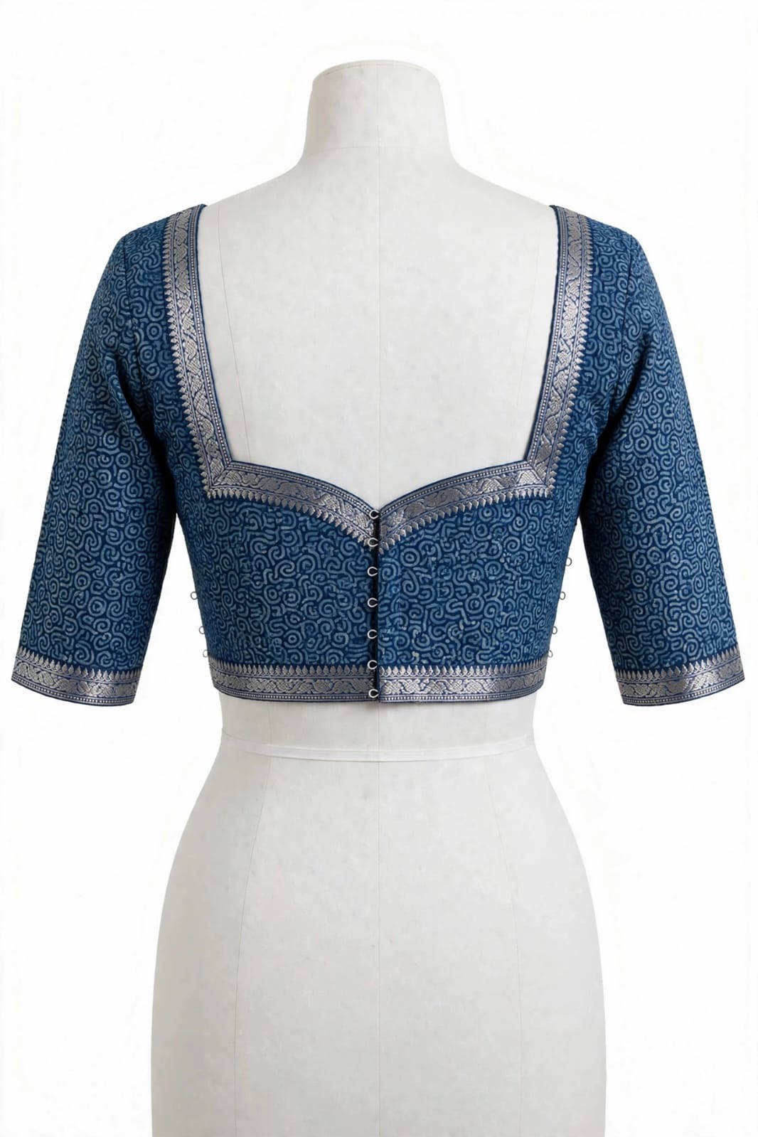 Indigo Blue Abstract Block-Printed Cotton Silk Saree with Unstitched Blouse
