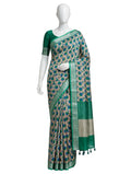 Emerald Green, Royal Blue, and Beige Polka-Dot & Paisley Cotton Silk Screen-Printed Saree with Jacquard Border