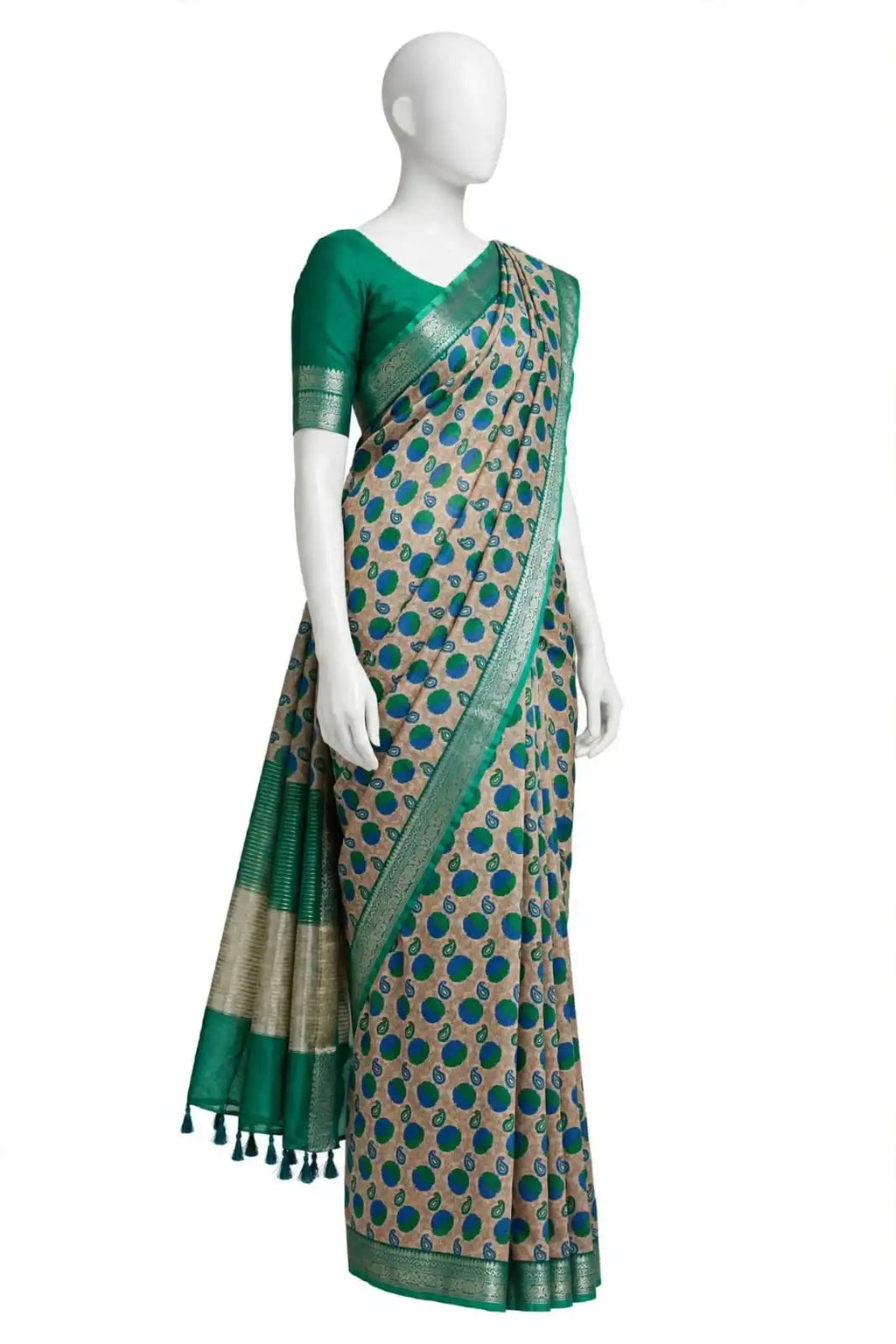 Emerald Green, Royal Blue, and Beige Polka-Dot & Paisley Cotton Silk Screen-Printed Saree with Jacquard Border