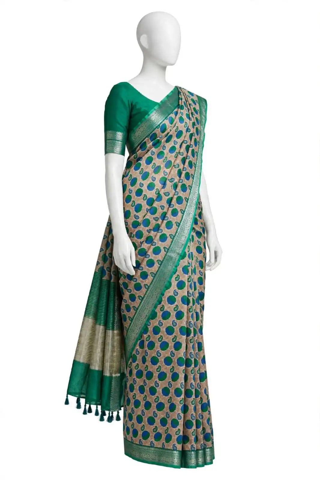 Emerald Green, Royal Blue, and Beige Polka-Dot & Paisley Cotton Silk Screen-Printed Saree with Jacquard Border