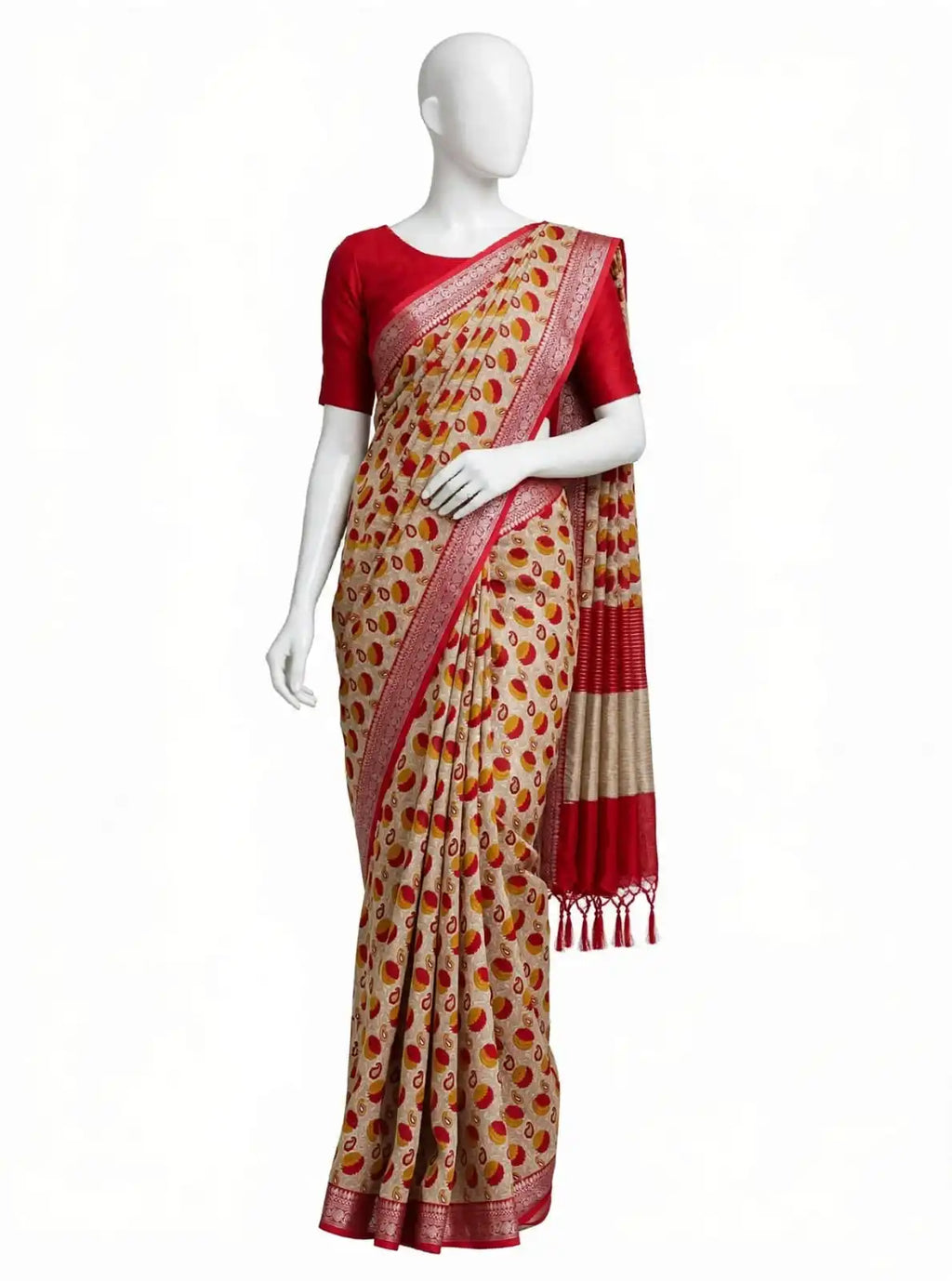 Crimson Red, Mustard, and Beige Abstract Polka-Dot Cotton Silk Screen-Printed Saree with Jacquard Border