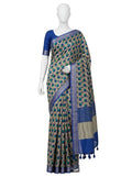 Royal Blue, Green, and Beige Polka-Dot & Paisley Cotton Silk Screen-Printed Saree with Jacquard Border