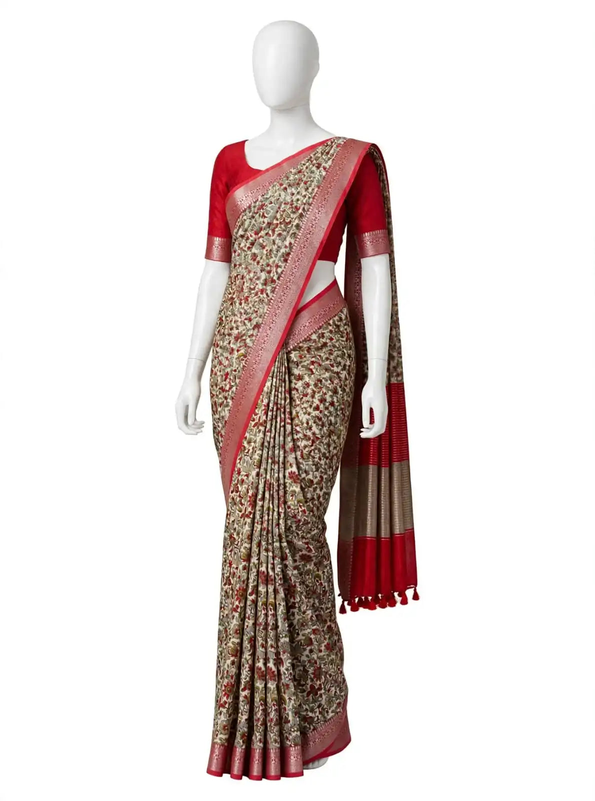 Crimson Red, Olive, and Ivory Floral Cotton Silk Screen-Printed Saree with Jacquard Border