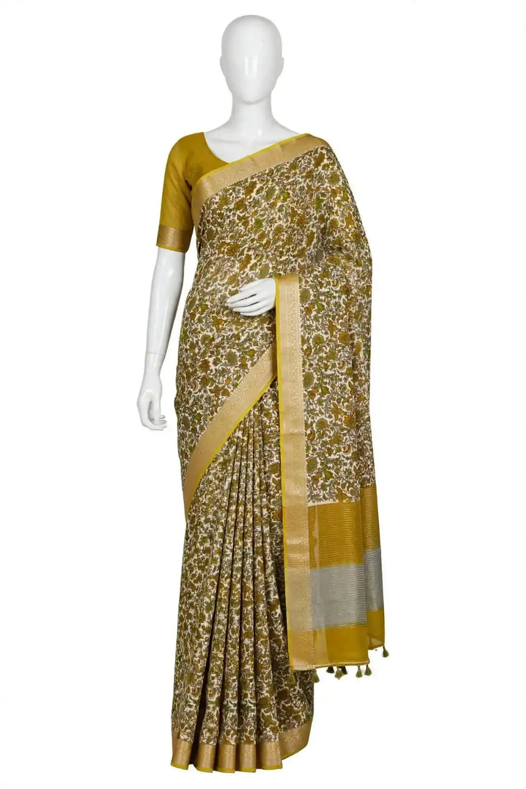 Mustard, Olive, and Ivory Floral Cotton Silk Screen-Printed Saree with Jacquard Border