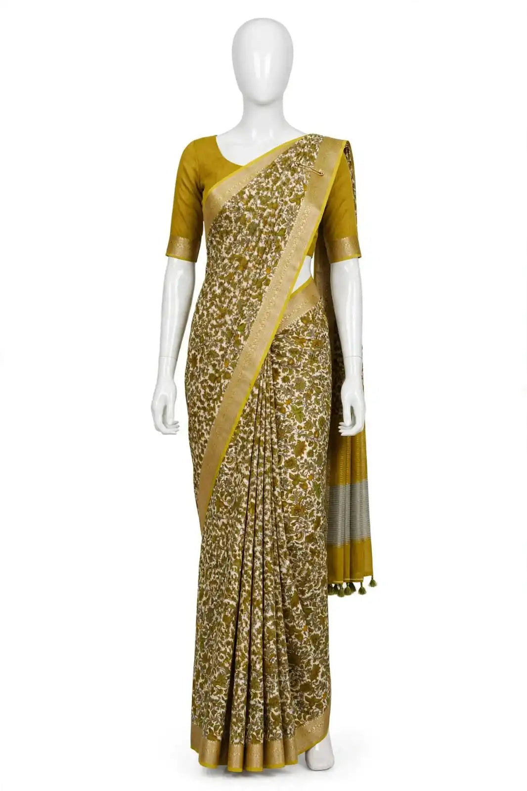 Mustard, Olive, and Ivory Floral Cotton Silk Screen-Printed Saree with Jacquard Border