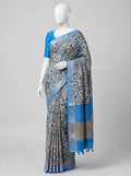 Royal Blue, Olive, and Ivory Floral Cotton Silk Screen-Printed Saree with Jacquard Border