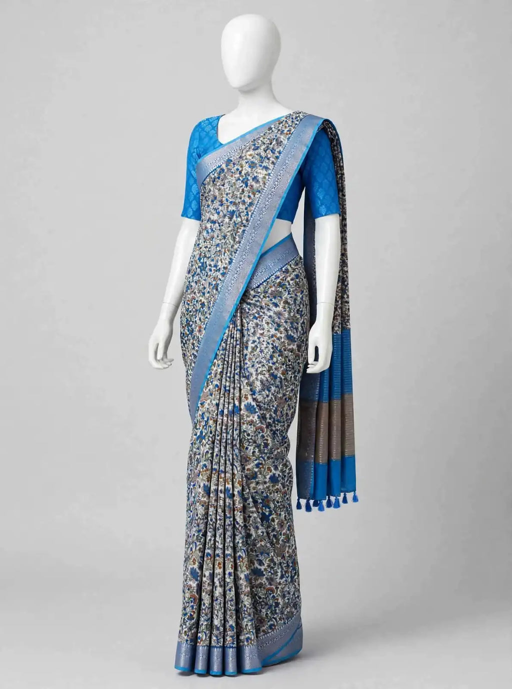 Royal Blue, Olive, and Ivory Floral Cotton Silk Screen-Printed Saree with Jacquard Border