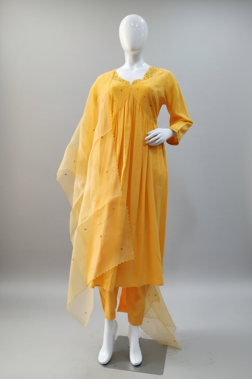 Sunlit Yellow Viscose Cotton Suit Set with Organza Dupatta