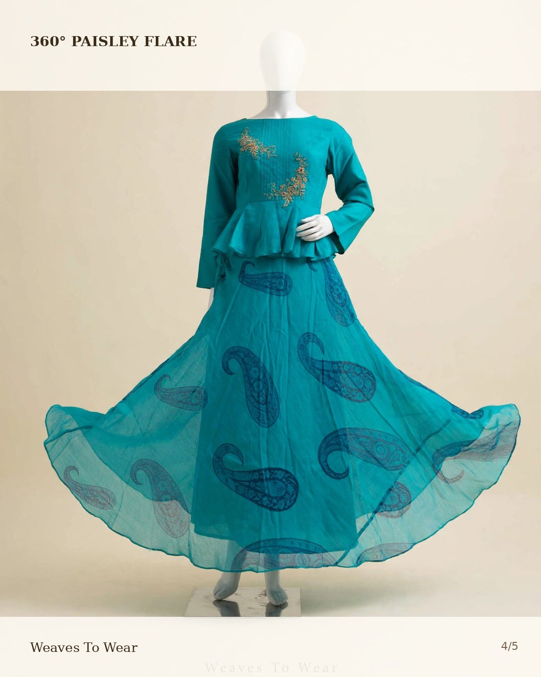 Teal Pintuck Peplum Top with Hand Zari Work & Paisley Skirt Set
