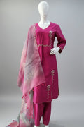 Vibrant Magenta Cotton Silk Suit Set with Organza Zari Striped Printed Dupatta