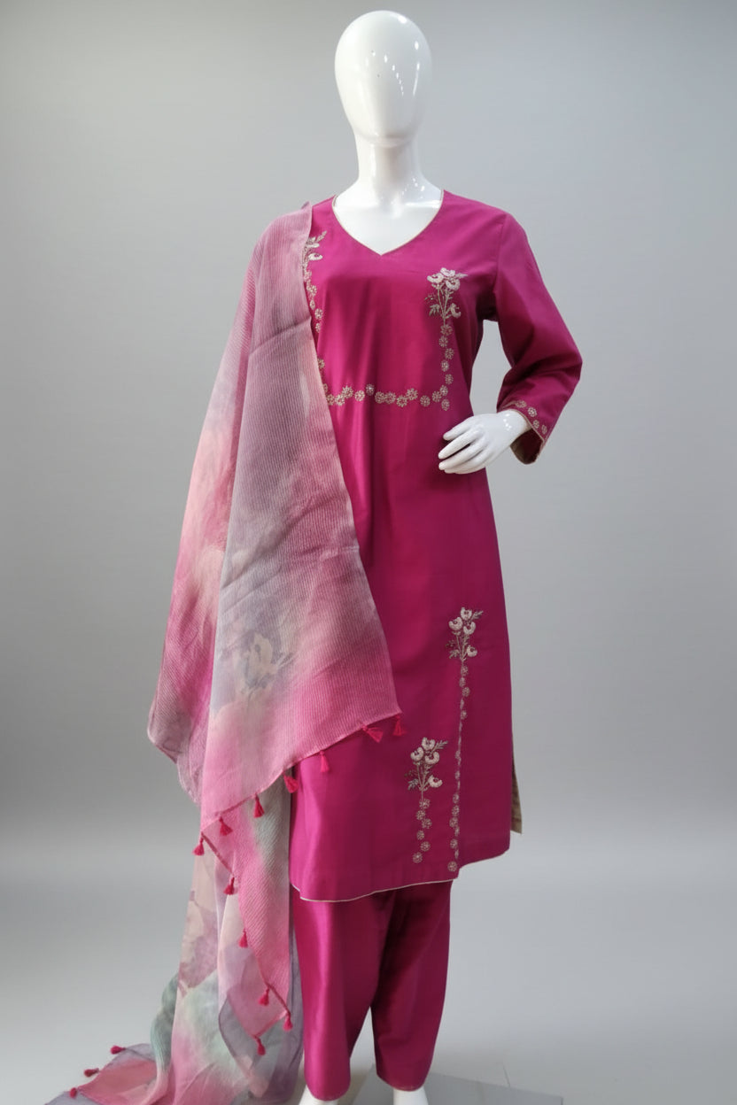 Vibrant Magenta Cotton Silk Suit Set with Organza Zari Striped Printed Dupatta