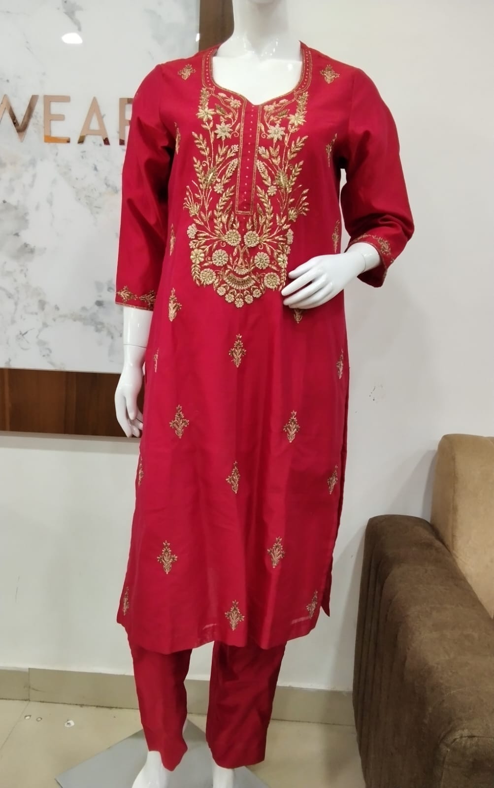 Regal Crimson Cotton Silk Suit Set with Printed Organza Dupatta