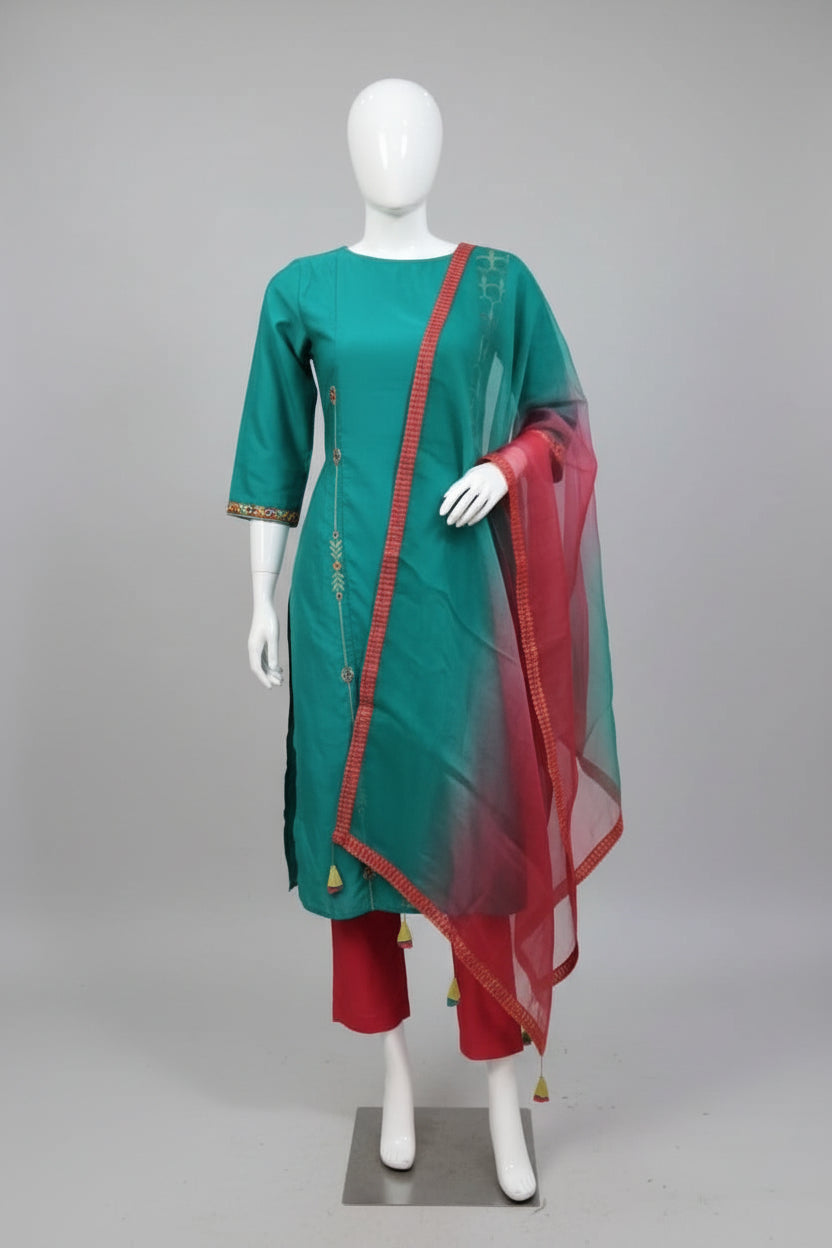 Elegant Teal Cotton Silk Suit Set