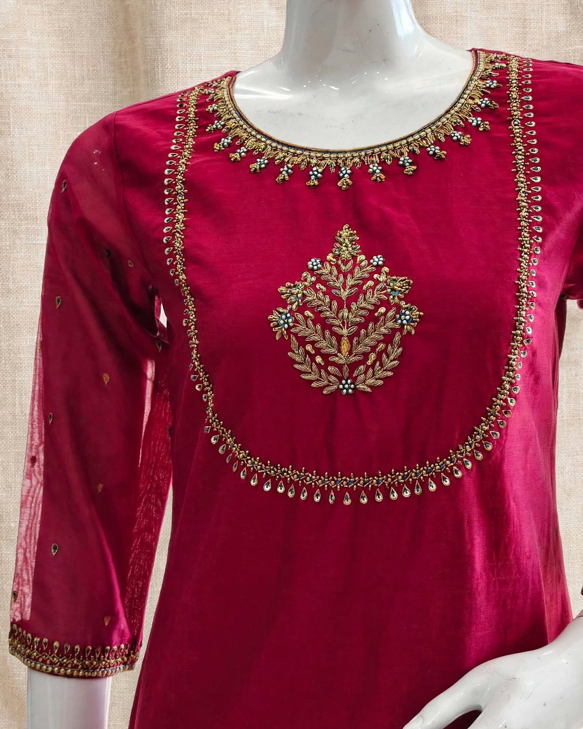 Crimson Silk Hand-Embroidered Kurta Set