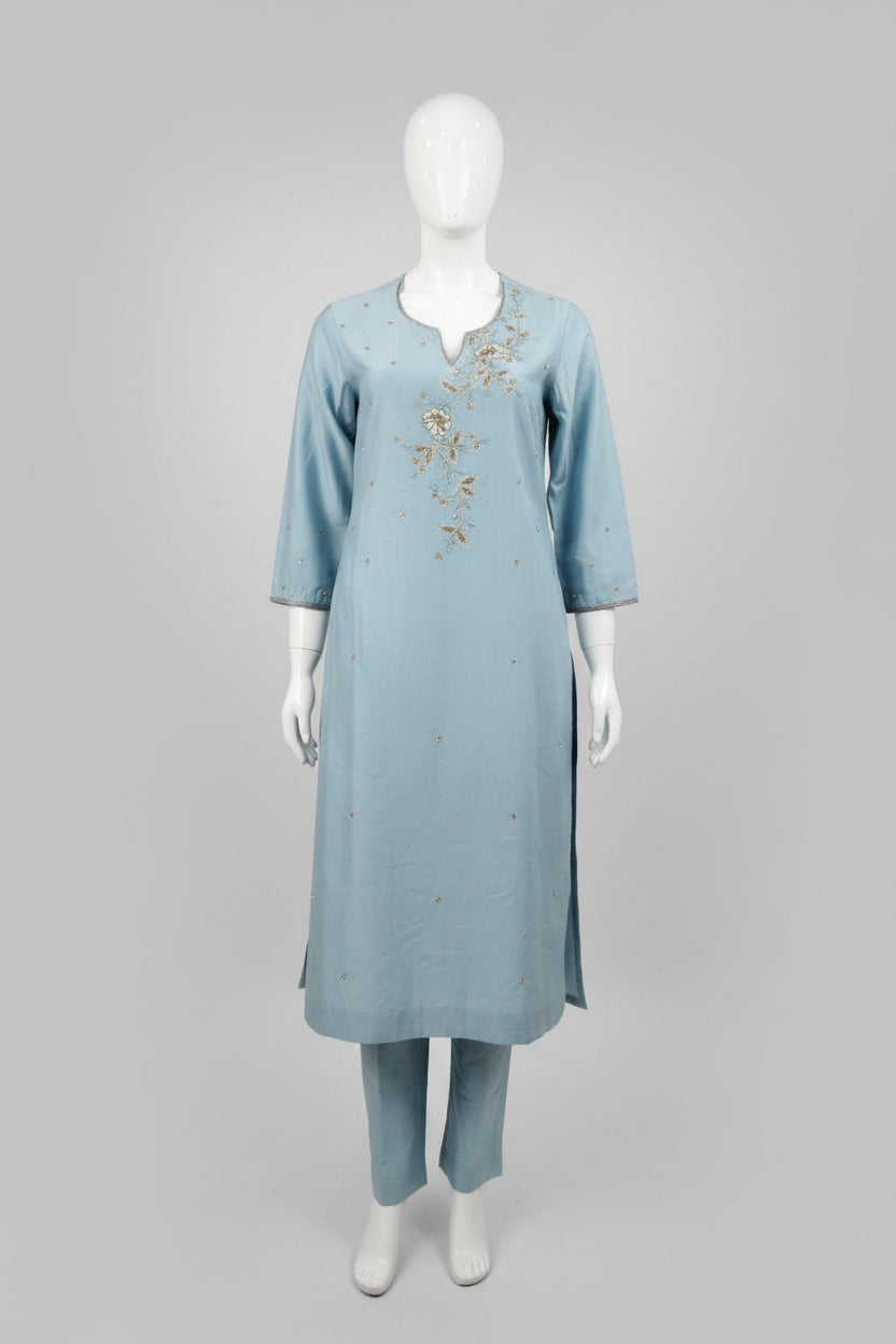 Graceful Powder Blue Cotton Silk Suit Set
