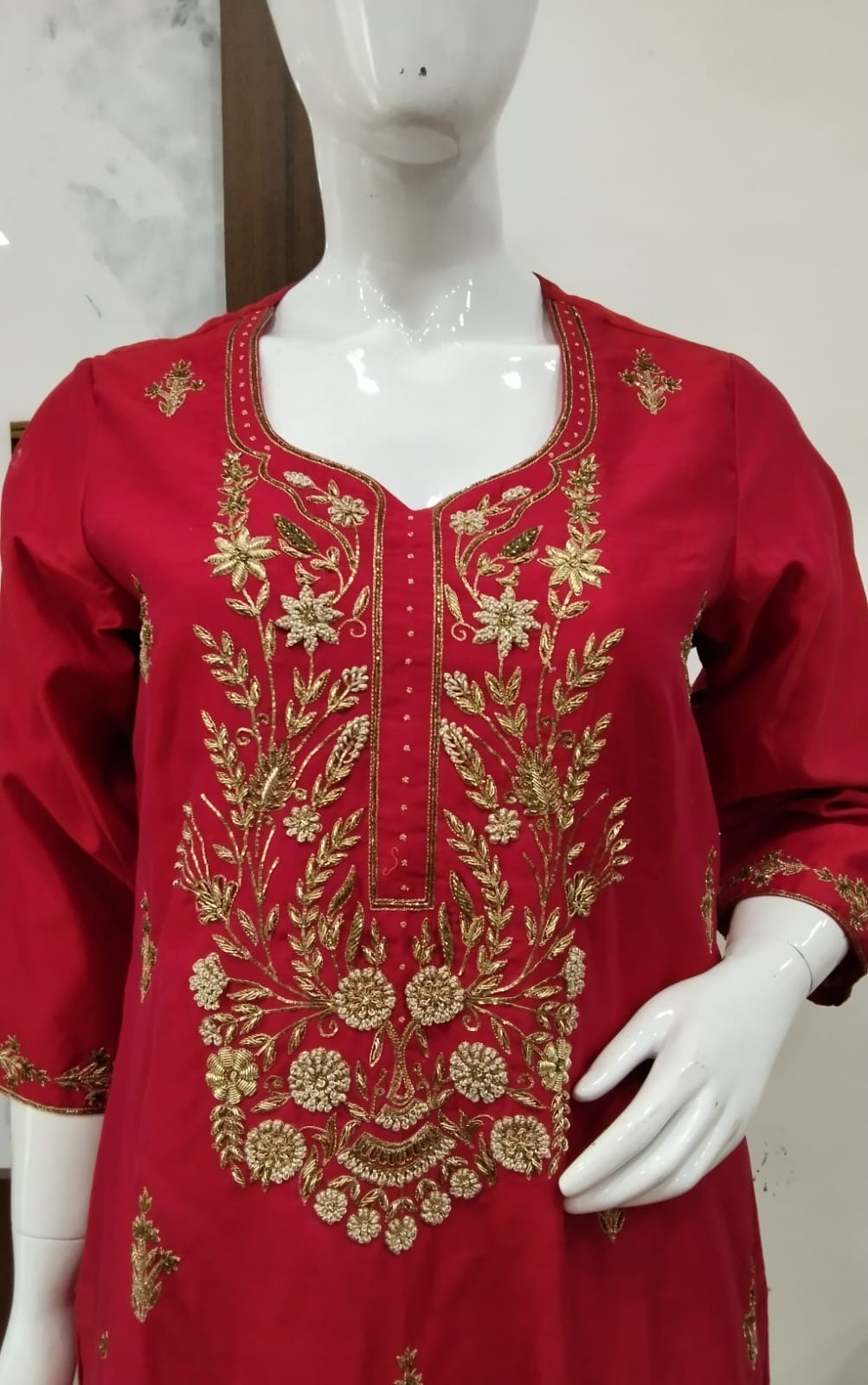 Regal Crimson Cotton Silk Suit Set with Printed Organza Dupatta
